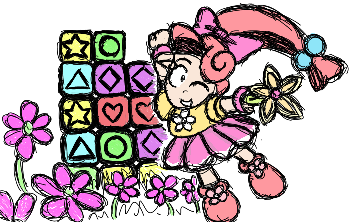 Sketch of a young fairy character with a flower shaped wand and a yellow and pink outfit, with some flowers and coloured blocks for a background.